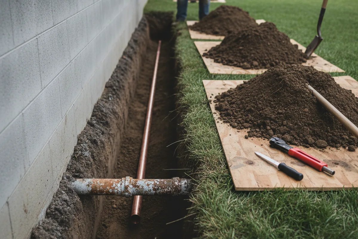 Excavated water line trench during Water Softener Installation in Buena Park